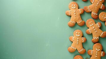 Frosted gingerbread cookies are displayed on a green background for the holidays photo