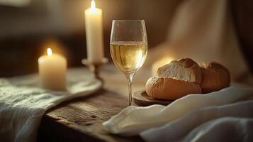 Elegant rustic table setting for communion with candles, bread, and wine in soft light. photo
