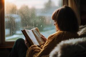 person sits comfortably in a cozy interior while reading a book near a window photo