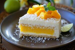 A delicious slice of coconut mango cake topped with fresh mango and coconut flakes photo