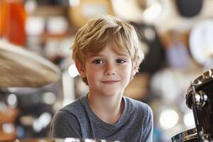 young boy sits on a drum seat, smiling happily in a music store filled with instruments photo