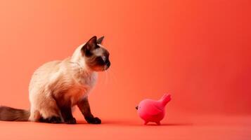 A lively cat curiously examines a pink bird-shaped toy, showcasing its playful nature in a bright orange setting that enhances the scene's energy photo