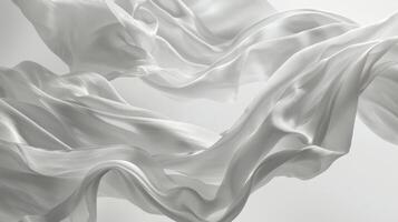 Multiple pieces of white silk satin cloth gracefully float and swirl, creating a serene and ethereal atmosphere in a softly lit environment photo