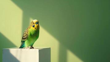 A bright green parakeet stands confidently on a contemporary perch, surrounded by soft natural light that highlights its colorful feathers photo