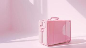 A pink suitcase stands prominently in a sunlit room, showcasing its contemporary design and glossy finish, surrounded by soft shadows and bright light photo