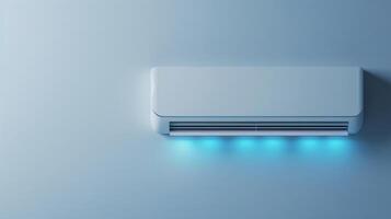 A sleek air conditioning unit is installed high on the wall, emitting a soft blue glow while cooling the room in the heat of summer photo