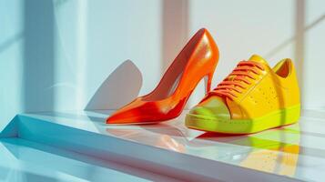 This captivating display features a luxurious pair of high heels in a bold orange hue next to vibrant yellow sneakers, showcasing a playful contrast on a glossy surface in bright light photo