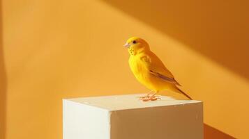 A yellow canary stands gracefully on a sleek white perch, surrounded by a warm orange backdrop that enhances its vibrant plumage, creating a cheerful atmosphere photo