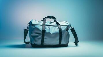 The gray duffel bag, designed for functionality, rests on a softly lit surface, highlighting its practical size ideal for travel or gym sessions, emphasizing versatility photo