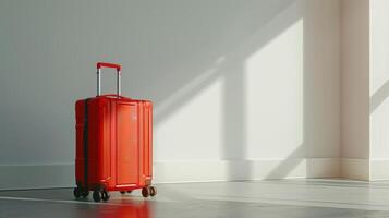 A bright red suitcase rests on a wooden floor in a minimalist room illuminated by sunlight. Soft shadows stretch across the wall, creating a tranquil atmosphere photo