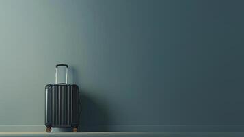 A modern black suitcase with wheels is leaning against a smooth gray wall, creating a stylish and uncluttered environment perfect for travel preparation photo