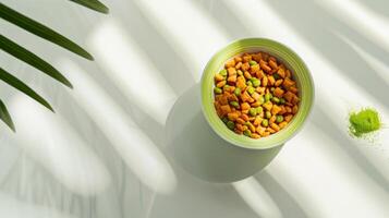 The container showcases an inviting assortment of wet cat food, filled with colorful morsels that catch the light, surrounded by soft shadows from a nearby plant photo