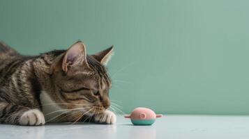A playful cat curiously examines a mint toy resembling a mouse, showcasing its inquisitive nature against a soft green background photo