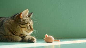 A curious cat lies on a bright surface, intently watching a cute mint toy designed to resemble a mouse. Sunlight highlights their playful interaction photo