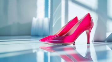 The vibrant pink high heels stand out beautifully on a reflective surface in a well-lit room, showcasing their elegant design and glossy finish against the bright backdrop photo