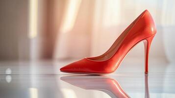 A striking red high heel elegantly rests on a smooth surface, illuminated by soft light. The vibrant color and sleek design make it perfect for parties and formal events photo
