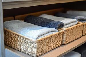 Clean towels stored in baskets, arranged neatly on a shelf for easy access photo