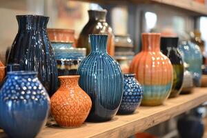 Vibrant pottery pieces arranged neatly on shelves, showcasing unique craftsmanship photo