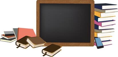 Blackboard surrounded by books and a smartphone is waiting for your text vector