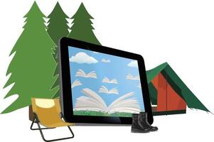 Digital tablet showing flying books next to camping equipment with forest in background vector
