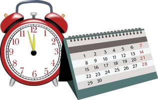Red alarm clock showing twelve o'clock is next to a calendar page vector