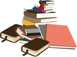 Student relaxing on large pile of books reading textbook vector