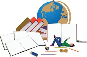 Student relaxing with books and studying tools around her vector