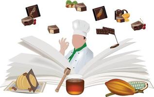 Pastry chef recommending chocolate recipes from a cookbook vector