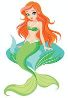 Beautiful smiling redhead mermaid with green tail sitting on rock vector