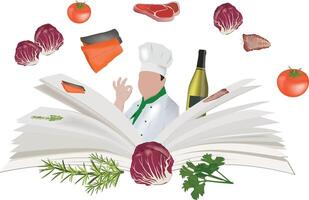 Chef gesturing ok sign with cookbook ingredients flying out vector