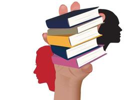 Hand holding stack of books with students in background vector