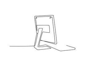 Animated self drawing of continuous line draw of young confused call center worker answering phone call from talkative customer in front laptop. Help desk center care. Full length one line animation video