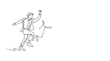 Animated self drawing of continuous line draw group of business people or commuter workers running fast to get to office on time. Urban employee in rush hour concept. Full length one line animation video