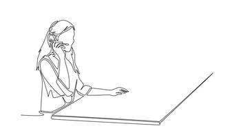 Animated self drawing of continuous line draw group of call center team members answer purchase order phone call from client. Male and female customer service on job. Full length single line animation video