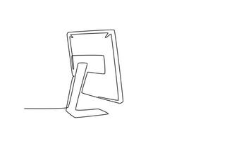 Animated self drawing of continuous line draw male call center worker writing some notes in front of monitor while handle customer complaint. Customer service care. Full length single line animation video