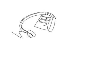Animated self drawing of continuous line draw of headphone with microphone and keyboard on working desk as customer service care equipment tools. Call center concept. Full length single line animation video