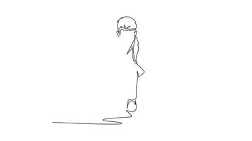 Animated self drawing of continuous line draw front view of businessman get ready to sprint run on starting line. Business race to growth up and competition concept. Full length single line animation video
