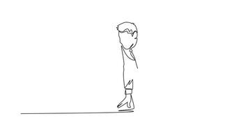 Animated self drawing of continuous line draw of office employee or businessman get ready to sprint run on running track. Business race challenge competition concept. Full length single line animation video