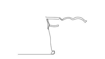 Self drawing animation single line draw young happy businessman running and lifting his hands to the air after crossing finish line. Business race concept. Continuous line draw. Full length animated video