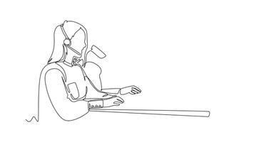 Animated self drawing of continuous line draw group of male female customer service team members answer complaint phone call from clients kindly. Call center concept. Full length single line animation video
