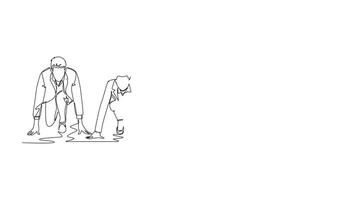 Animated self drawing of continuous line draw group of businessman and businesswoman get ready on start line to do sprint race. Business running competition concept. Full length single line animation video