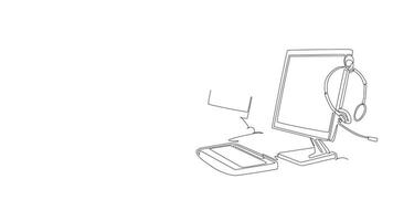 Animated self drawing of continuous line draw set of customer service tools equipment, computer, headphone, monitor, keyboard, mouse. Call center service excellent. Full length single line animation video