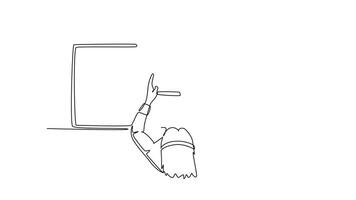 Self drawing animation of single line draw of top view female call center worker answering complain call from customer kindly. Helpdesk center care concept. Continuous line draw. Full length animated video