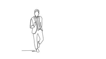 Animated self drawing of continuous line draw of male worker rise his hand fist to the air when crossing finish line. Winning running competition beating competitor. Full length single line animation video