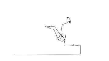 Self drawing animation of single line draw of attractive female consultant standing and giving speech to audience at the office. Public speaker presentation. Continuous line draw. Full length animated video