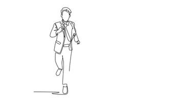 Self drawing animation of single line draw group of businessman or male workers running to get to office on time. Urban man employee in rush hour concept. Continuous line draw. Full length animated video