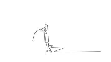 Animated self drawing of continuous line draw side view of businesswoman get ready sprint run to her office on running track. Business race challenge and competition. Full length single line animation video