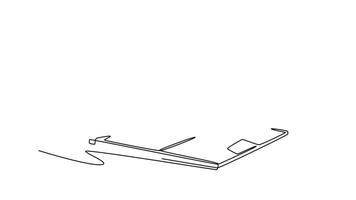 Animated self drawing of continuous line draw headphone with microphone and laptop on working desk as call center equipment tools. Call center customer care concept. Full length single line animation video