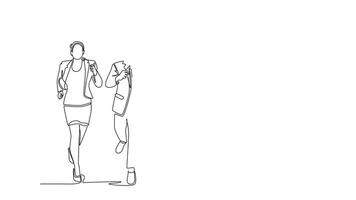 Self drawing animation of single line draw group of male and female worker doing sprint race on road track cross finish line. Business running competition. Continuous line draw. Full length animated video