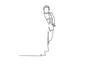 Self drawing animation single line draw female workers try to beat each others at running championship with her friend. Business running competition concept. Continuous line draw. Full length animated video